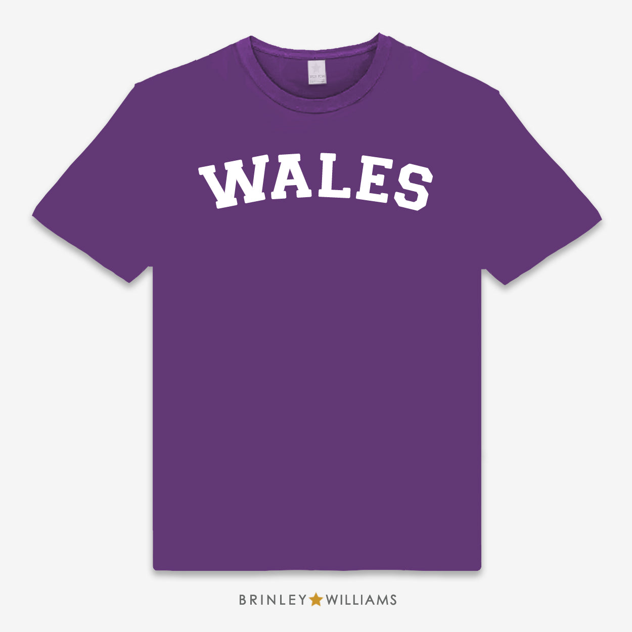 Purple unisex t-shirt with 'WALES' design in white printed on it 