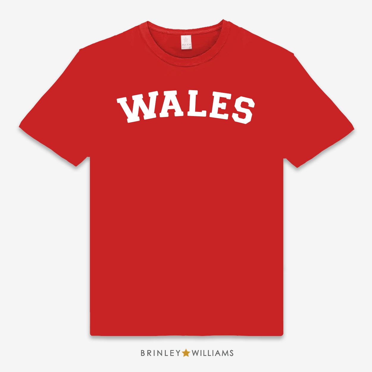 Red unisex t-shirt with 'WALES' design in white printed on it 