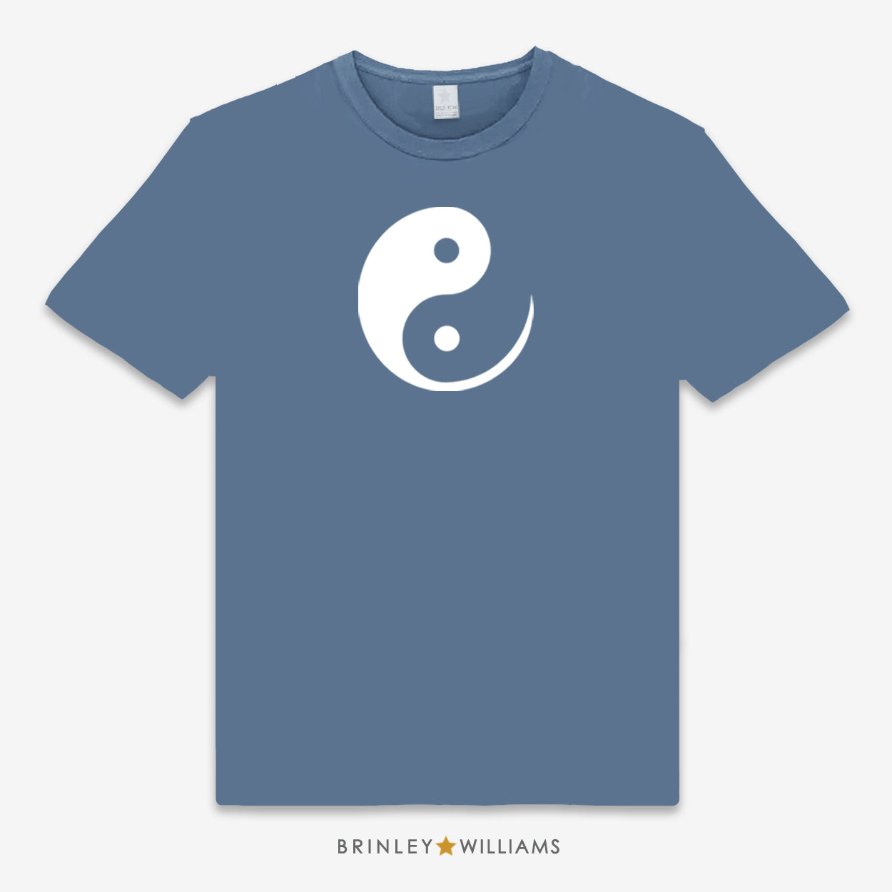 Blue t-shirt with a white yin yang symbol 