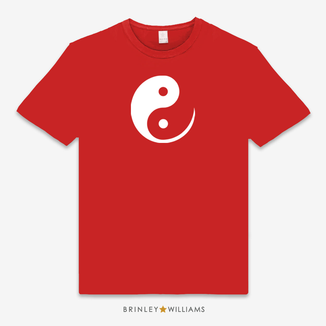 Red t-shirt with a white yin yang symbol 
