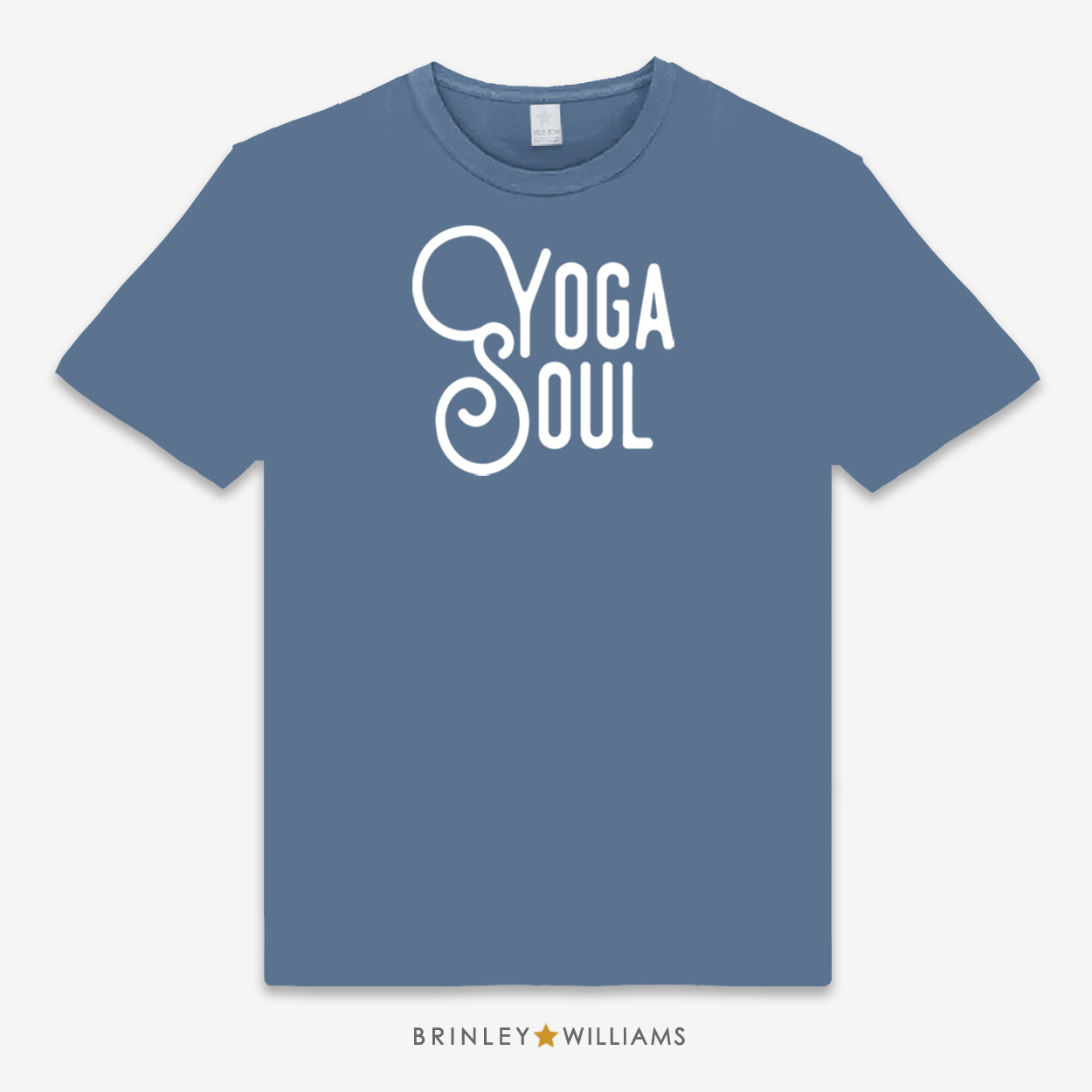 Blue unisex t-shirt printed with 'Yoga Soul' text design in white 