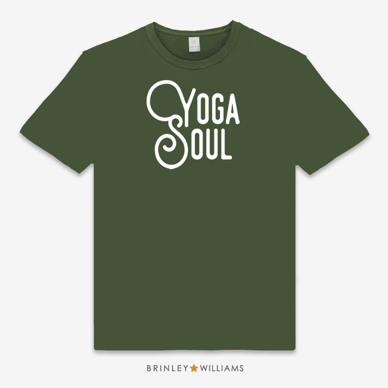 Green unisex t-shirt printed with 'Yoga Soul' text design in white 