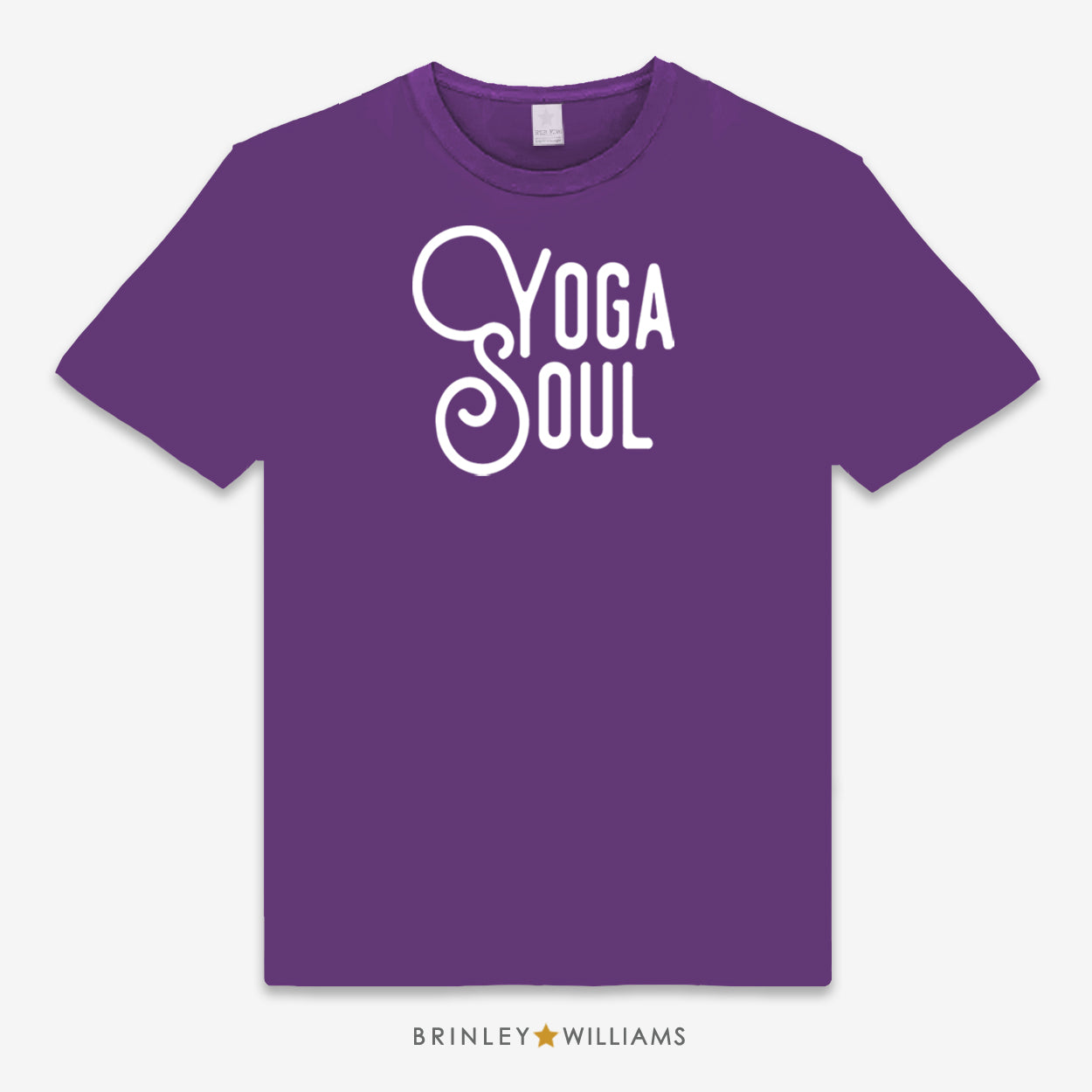 Purple unisex t-shirt printed with 'Yoga Soul' text design in white 