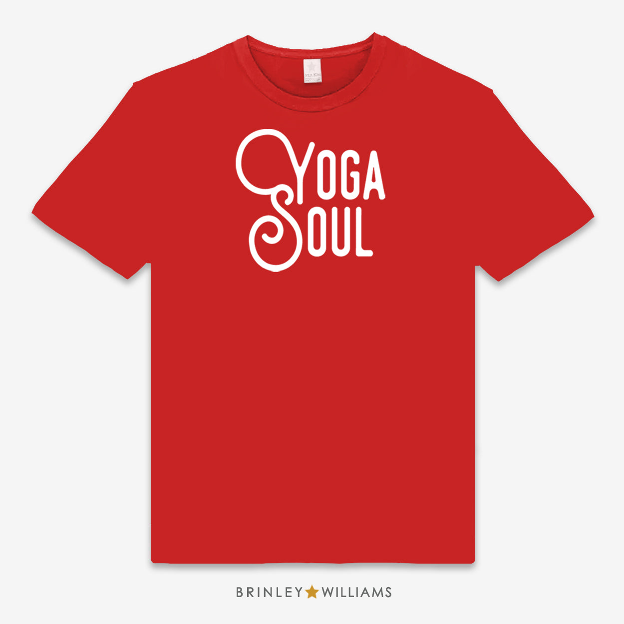 Red unisex t-shirt printed with 'Yoga Soul' text design in white 