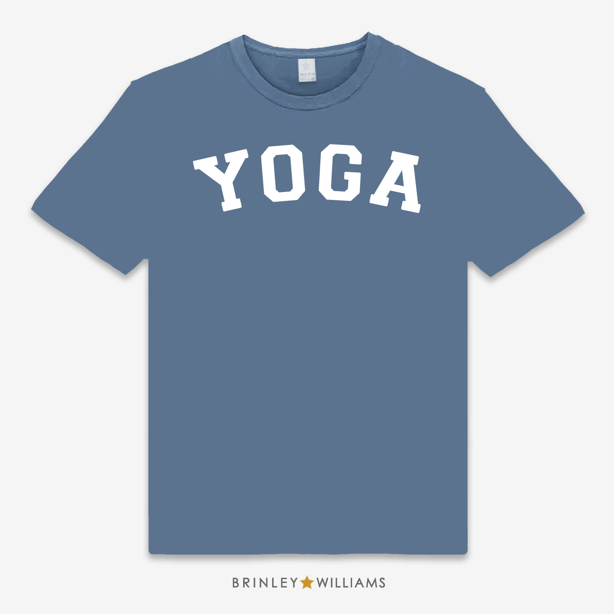 Blue unisex t-shirt printed with white 'YOGA' text design