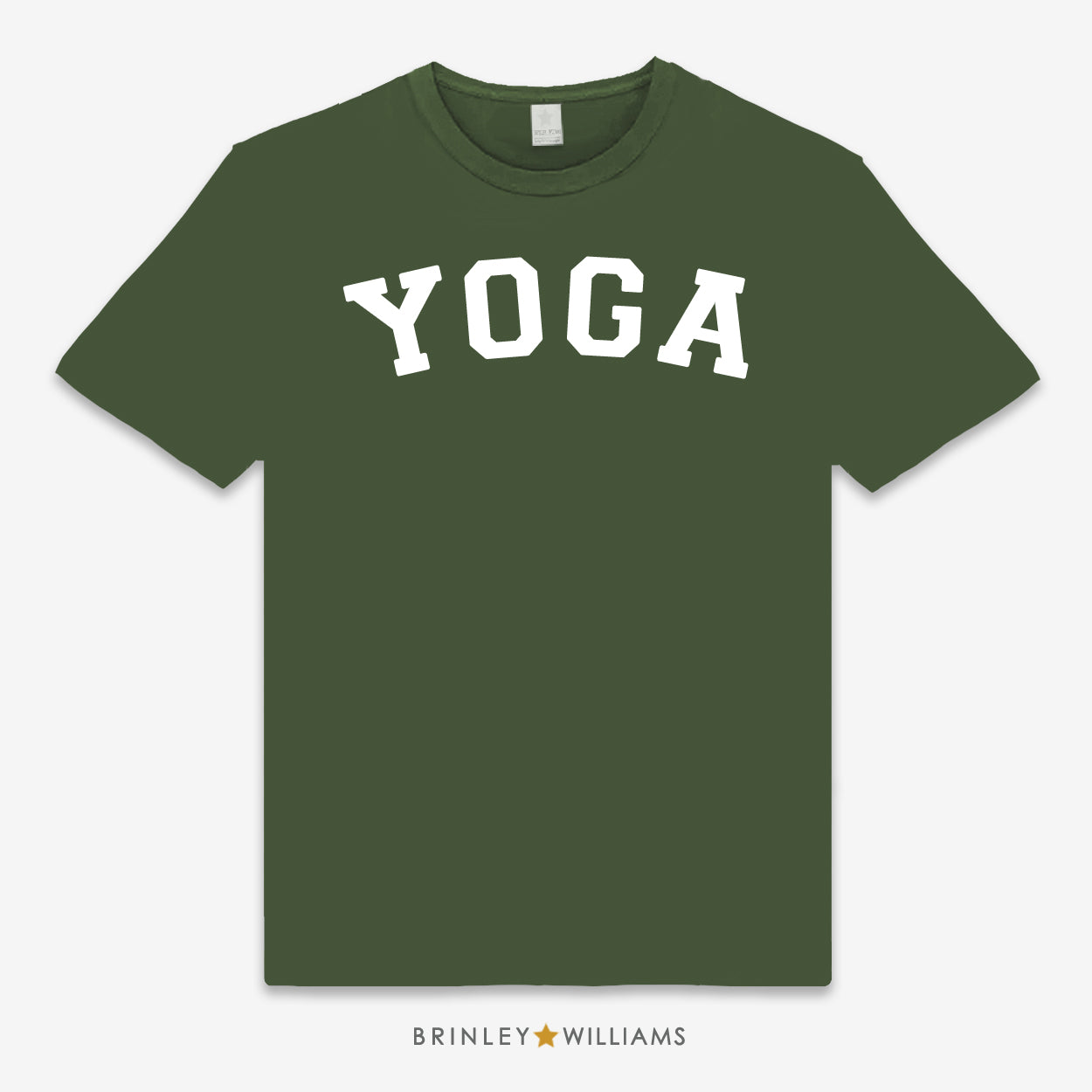 Green unisex t-shirt printed with white 'YOGA' text design