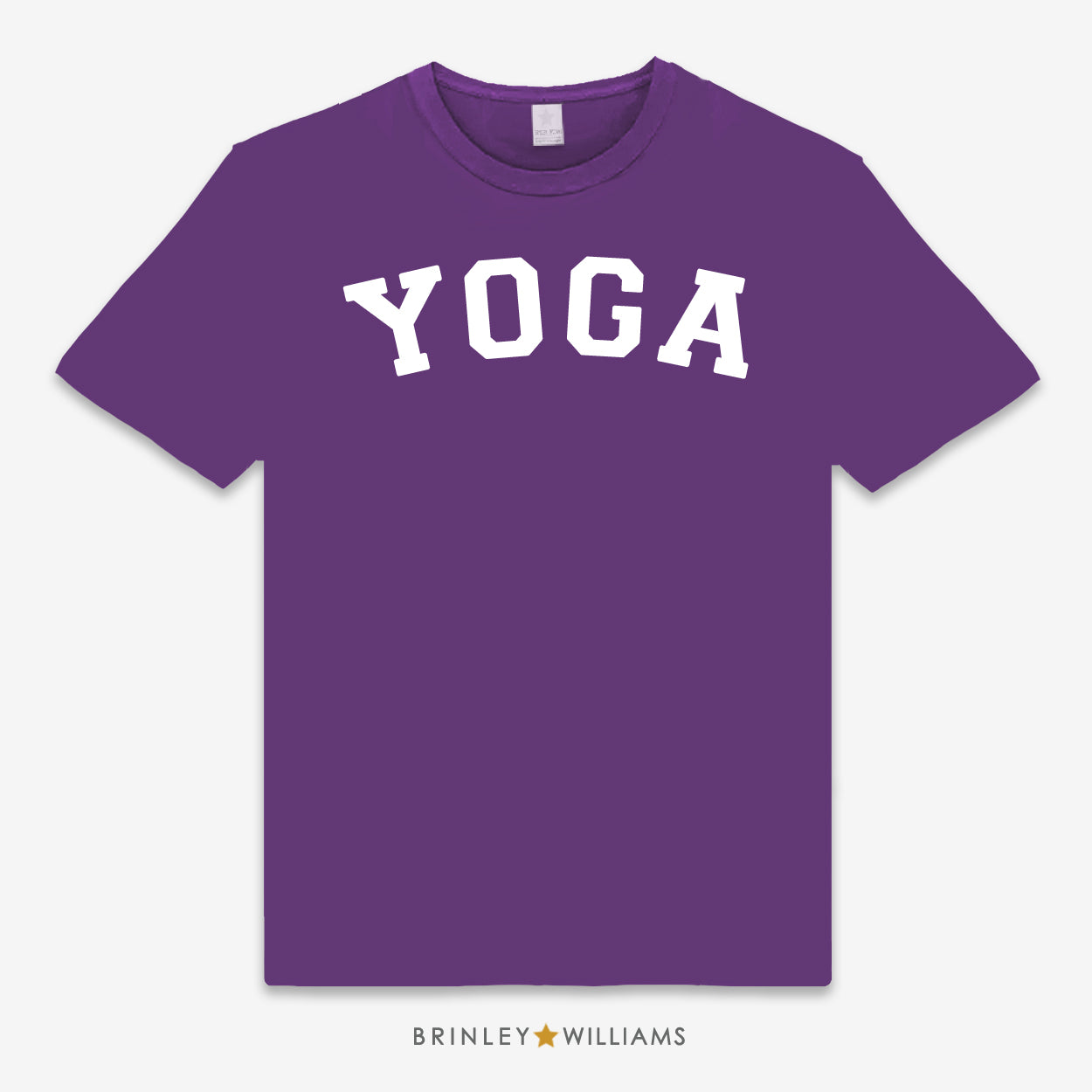 Purple unisex t-shirt printed with white 'YOGA' text design