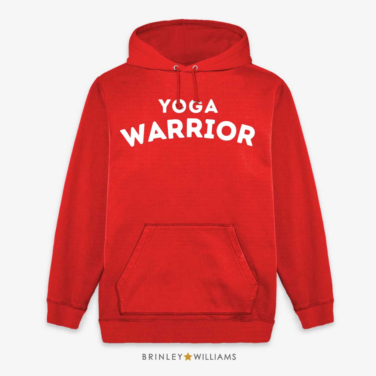 Red hoodie with 'Yoga Warrior' text on a white background