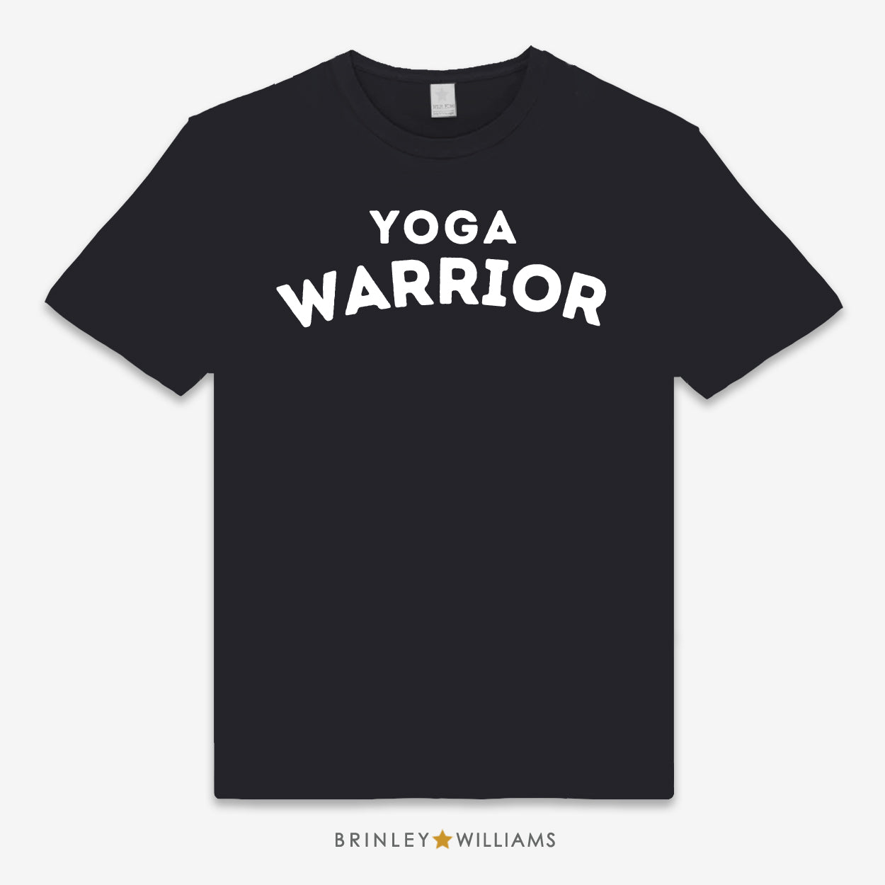 Black unisex t-shirt printed with white 'Yoga Warrior' text design