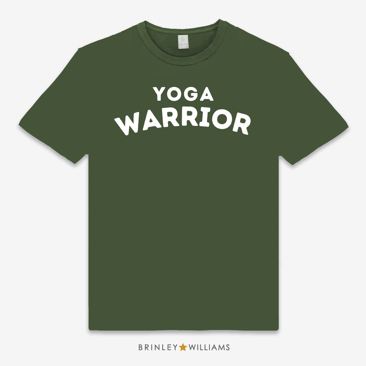 Green unisex t-shirt printed with white 'Yoga Warrior' text design