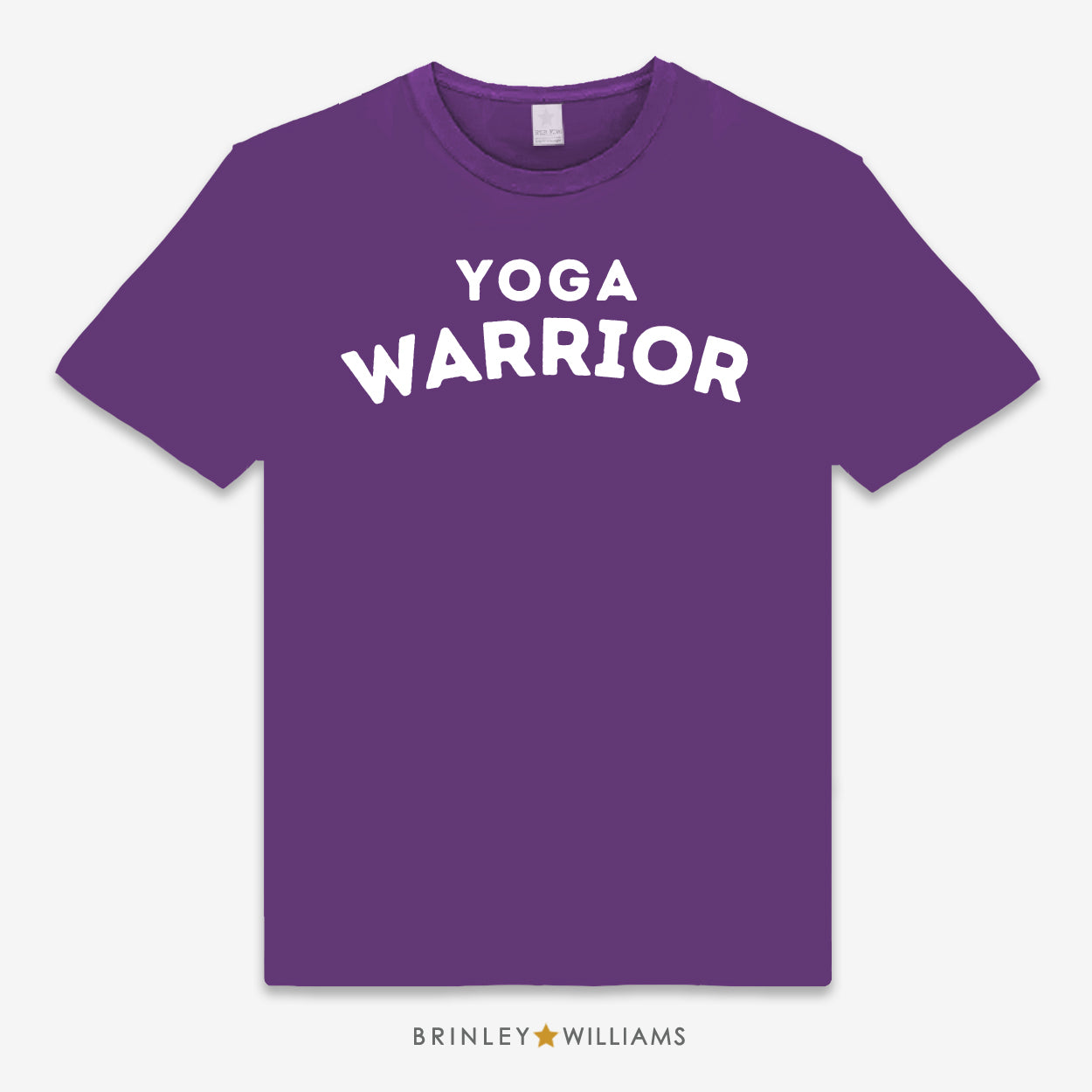 Purple unisex t-shirt printed with white 'Yoga Warrior' text design