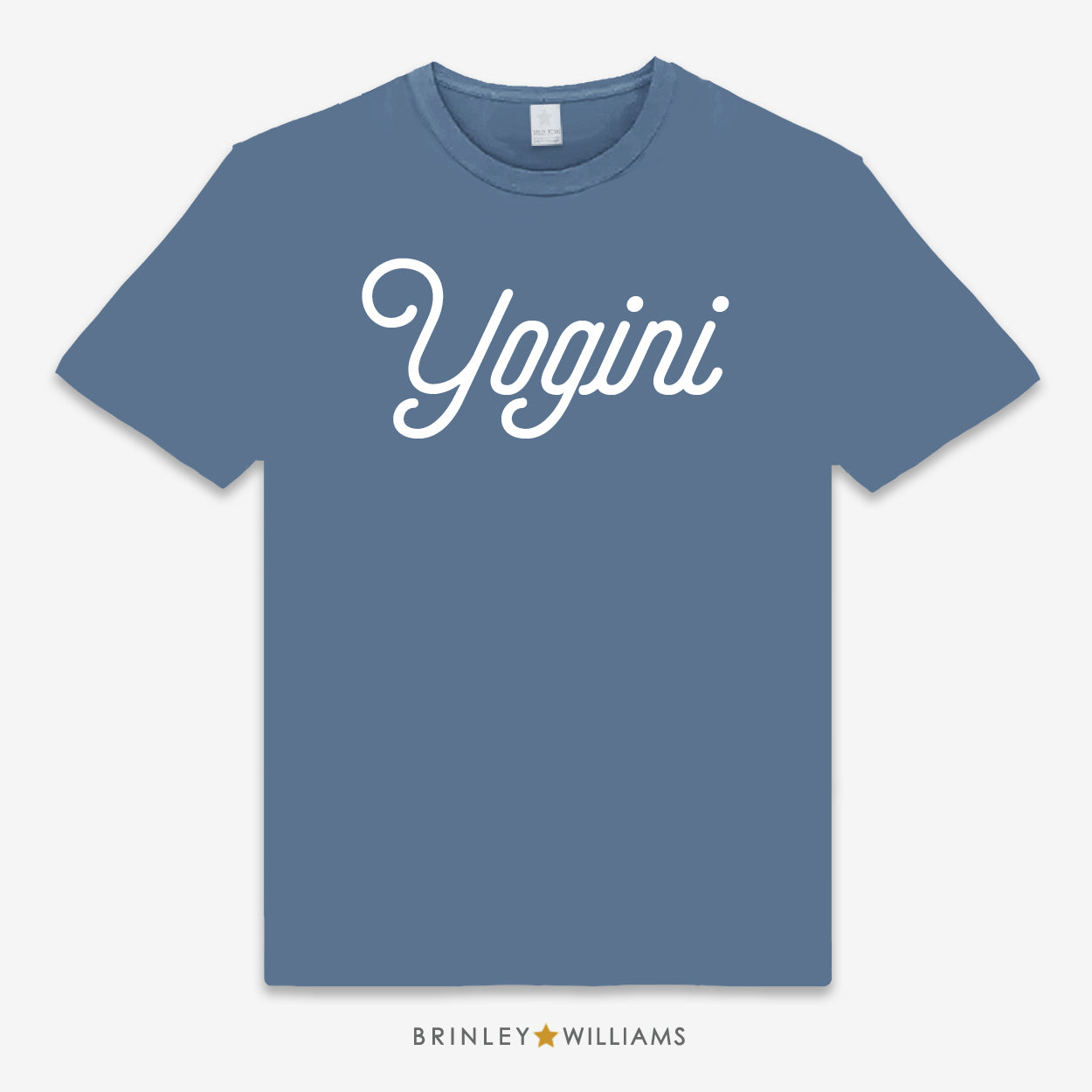 Blue unisex t-shirt printed with 'Yogini' text design in white on the front