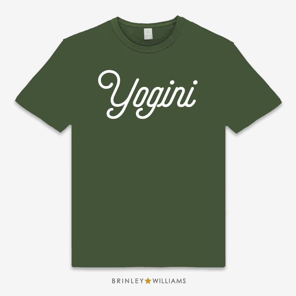 Green unisex t-shirt printed with 'Yogini' text design in white on the front