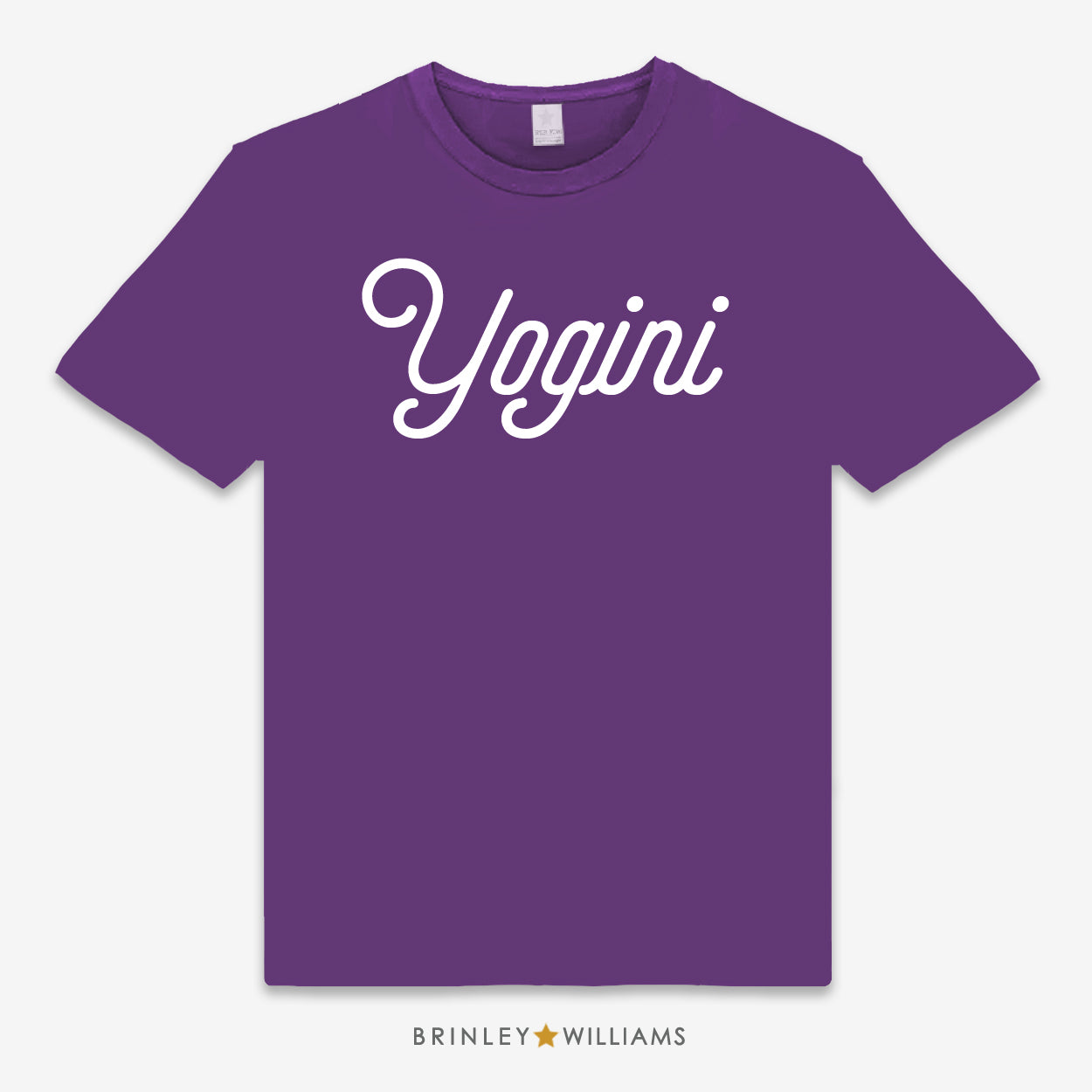Purple unisex t-shirt printed with 'Yogini' text design in white on the front