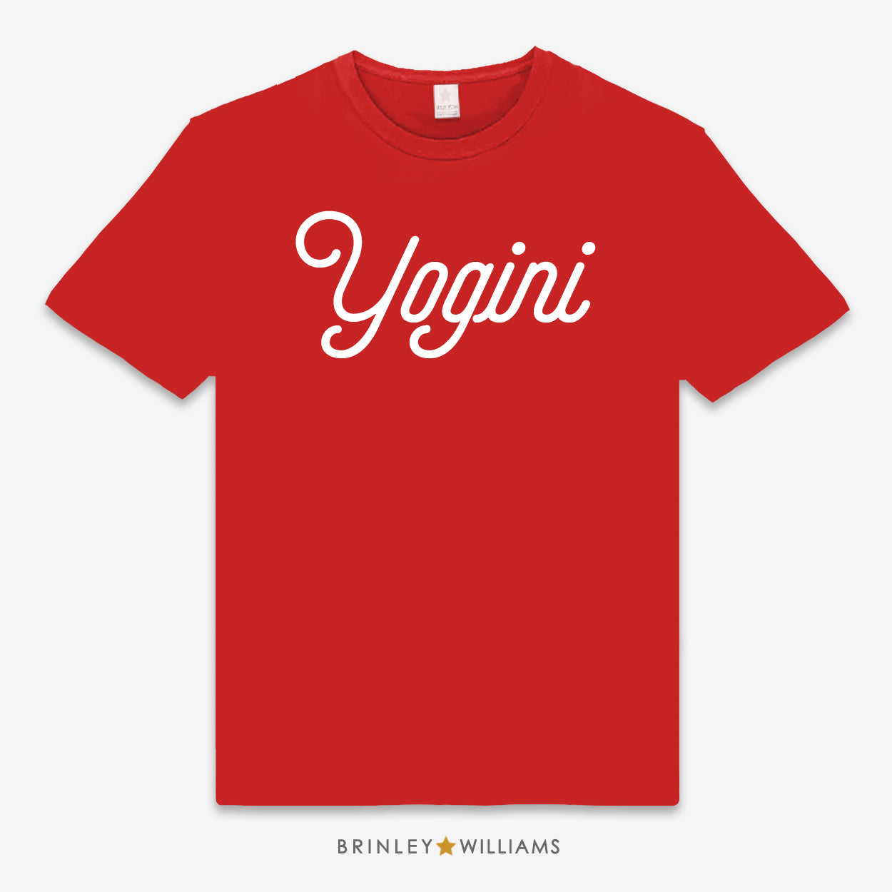 Red unisex t-shirt printed with 'Yogini' text design in white on the front